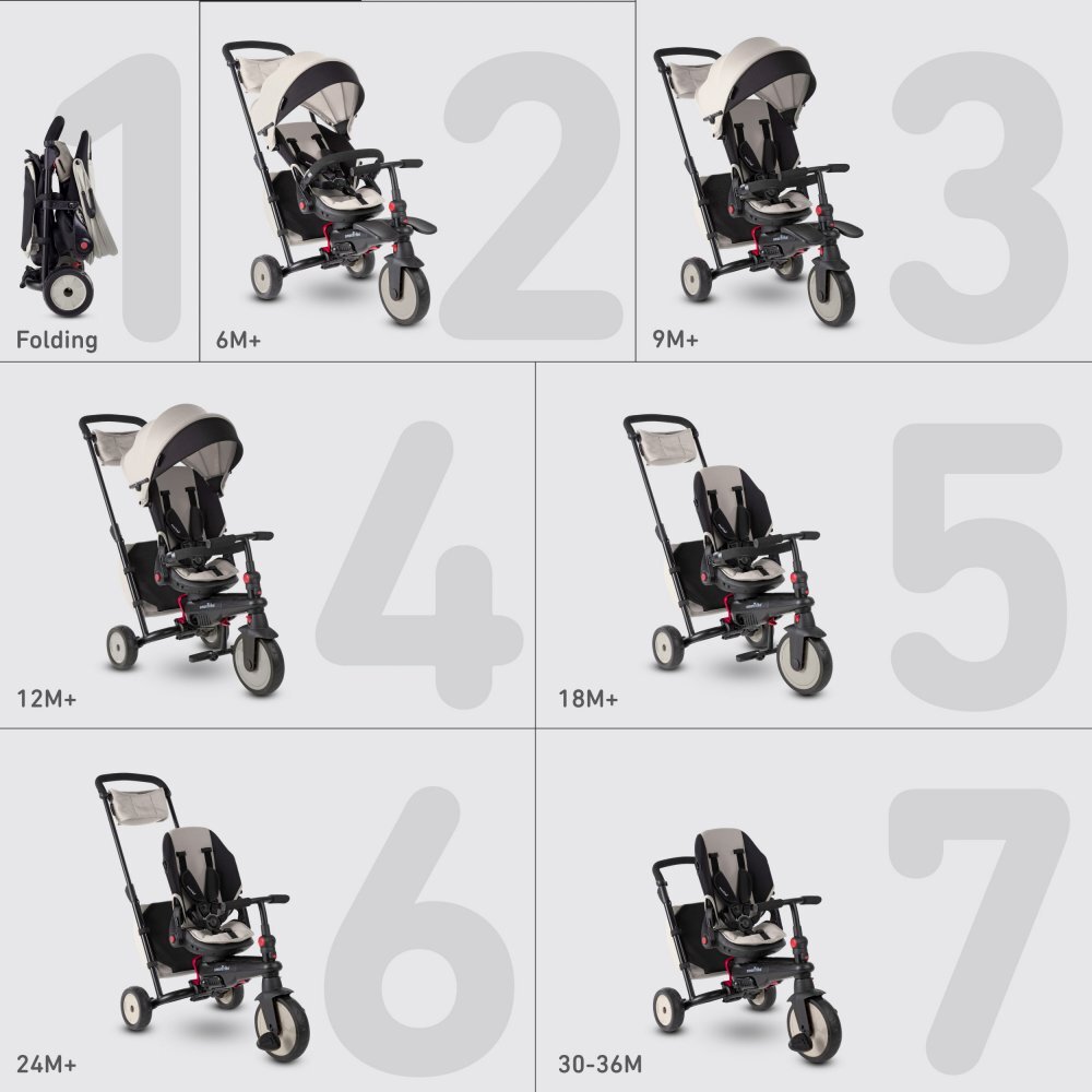 SMART TRIKE Tricicleta pentru copii STR7 Warm Grey 7 in 1 ultrapliabila spatar reglabil sistem patentat Touch Steering roti din cauciuc cu functie de absorbire a socurilor varsta 6 luni+