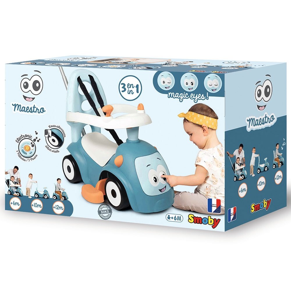 SMOBY Masinuta copii de impins Maestro blue recomandata copiilor de la 6 pana la 36 luni protectie impotriva rasturnarii roti silentioase compartiment pentru depozitare jucarii