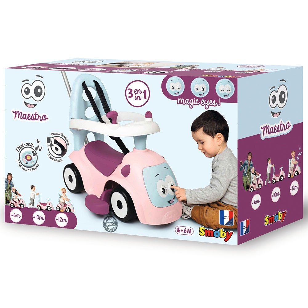 SMOBY Masinuta copii de impins Maestro pink recomandata copiilor de la 6 pana la 36 luni protectie impotriva rasturnarii roti silentioase compartiment pentru depozitare jucarii