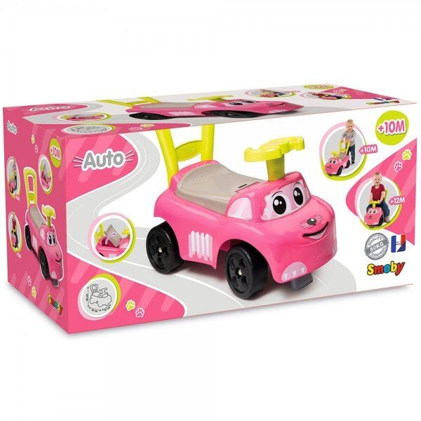 SMOBY Masinuta copii Ride-On fara pedale Auto pink de la 10 luni cu roti din plastic spumat si spatiu depozitare sub scaun