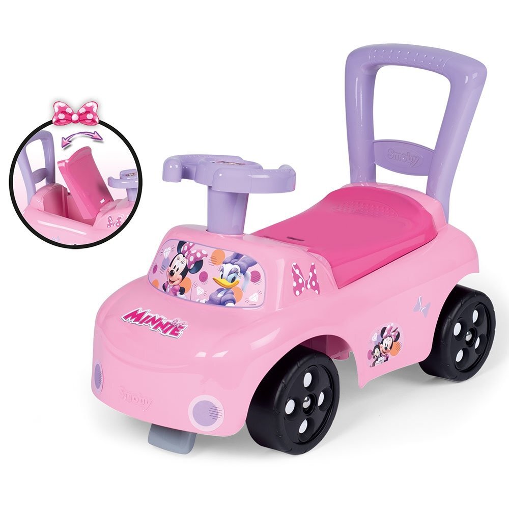 SMOBY Masinuta copii Ride-On Minnie pink recomandata pentru copii cu varsta cuprinsa intre 10 si 36 luni spatar cu functie de impingere spatiu depozitare sub scaun
