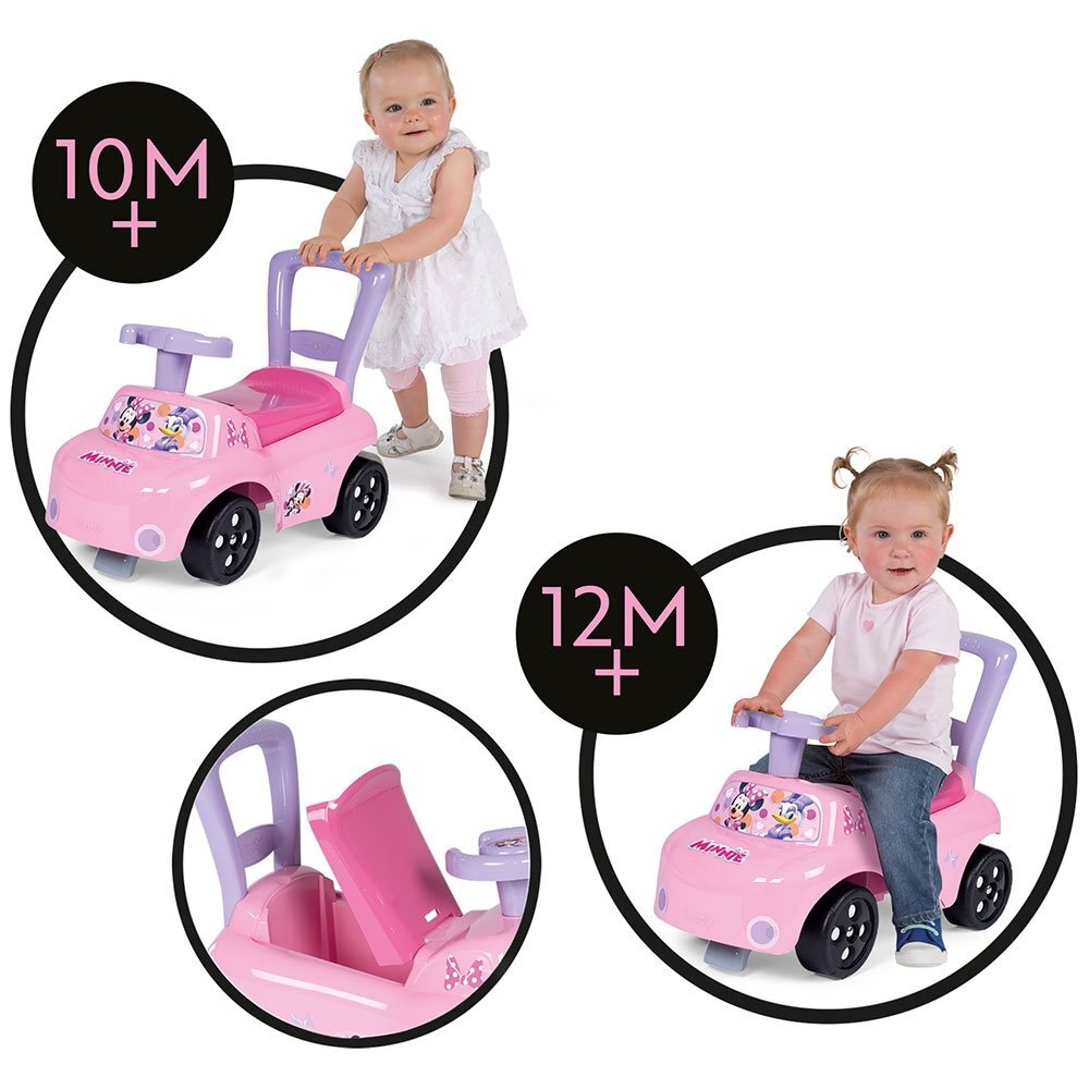 SMOBY Masinuta copii Ride-On Minnie pink recomandata pentru copii cu varsta cuprinsa intre 10 si 36 luni spatar cu functie de impingere spatiu depozitare sub scaun