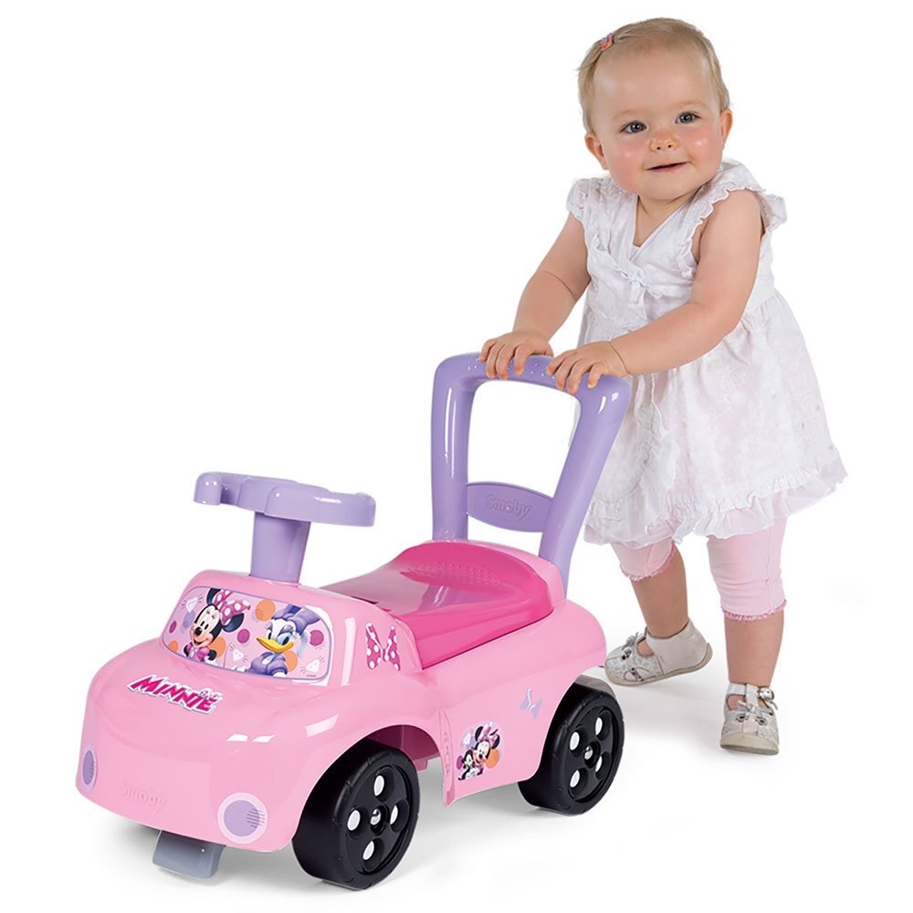 SMOBY Masinuta copii Ride-On Minnie pink recomandata pentru copii cu varsta cuprinsa intre 10 si 36 luni spatar cu functie de impingere spatiu depozitare sub scaun