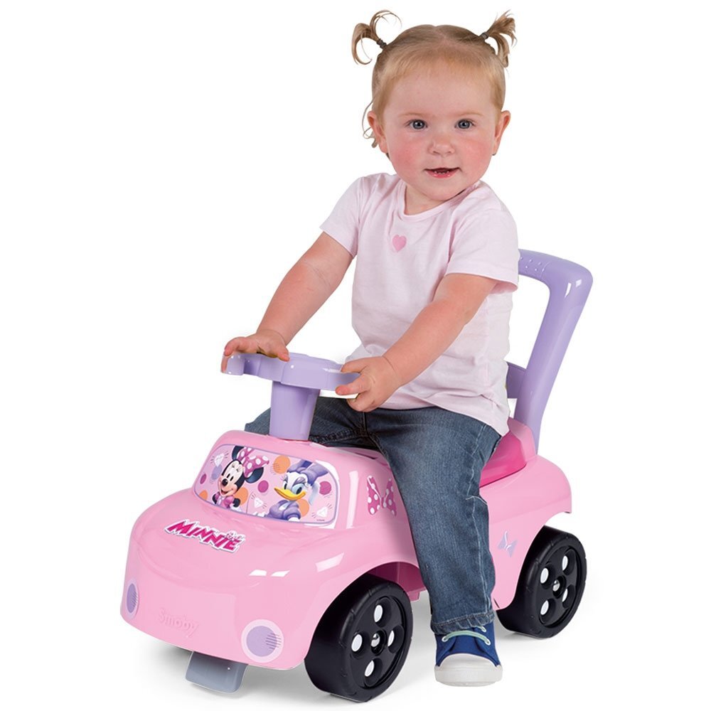 SMOBY Masinuta copii Ride-On Minnie pink recomandata pentru copii cu varsta cuprinsa intre 10 si 36 luni spatar cu functie de impingere spatiu depozitare sub scaun