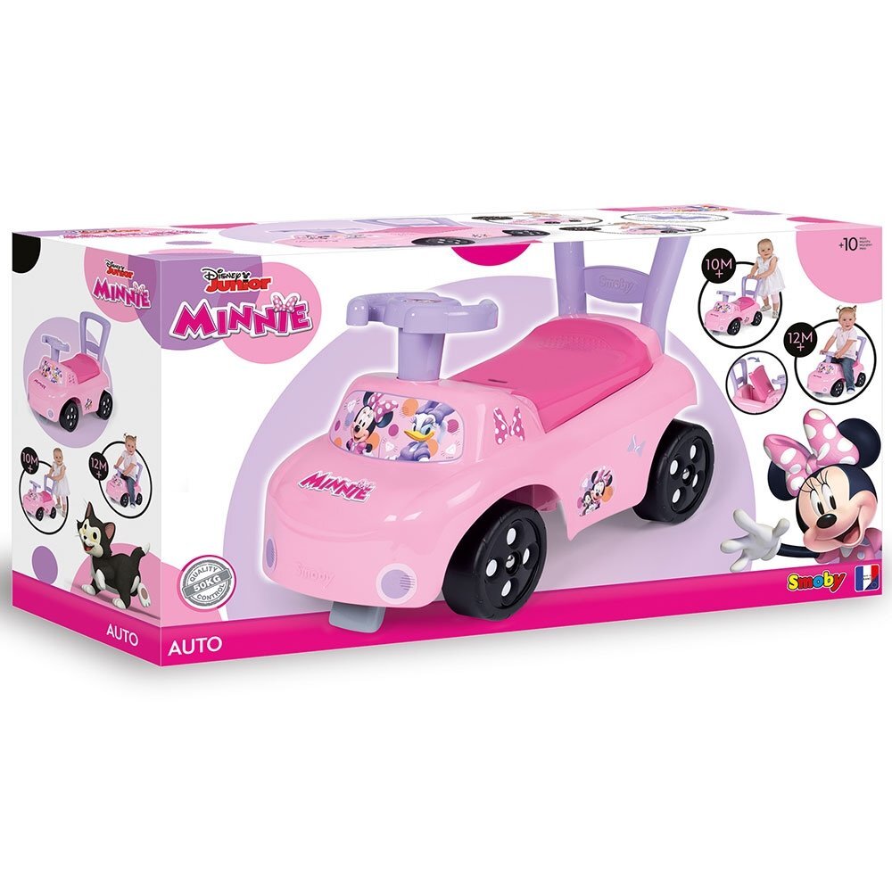 SMOBY Masinuta copii Ride-On Minnie pink recomandata pentru copii cu varsta cuprinsa intre 10 si 36 luni spatar cu functie de impingere spatiu depozitare sub scaun