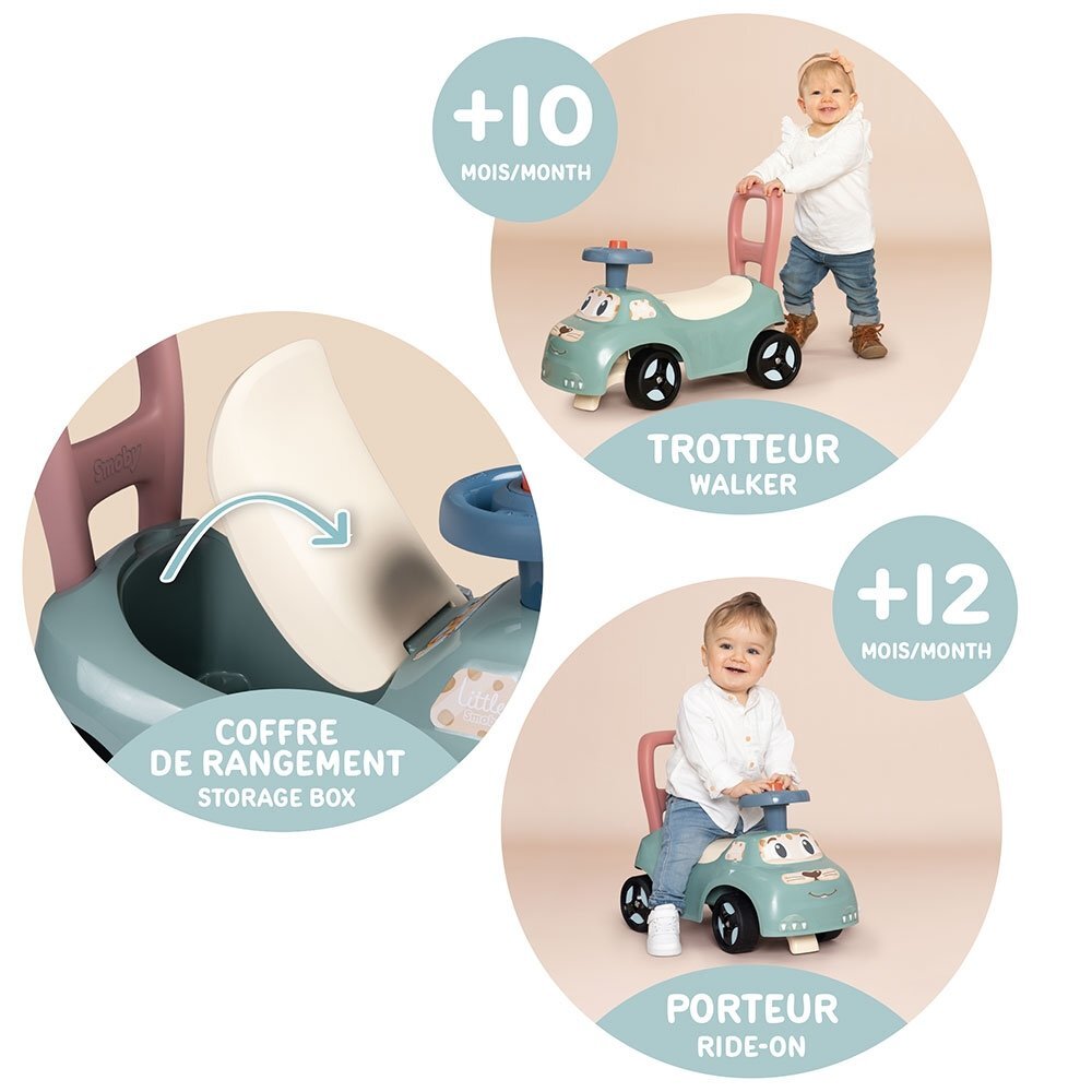 SMOBY Masinuta pentru copii fara pedale Auto verde de la 10 luni spatar cu posibilitatea de impingere spatiu de depozitare scaun ergonomic