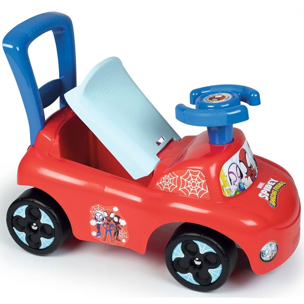 SMOBY Masinuta pentru copii fara pedale Spidey rosu recomandata pentru copii cu varstele cuprinse intre 10 si 36 luni roti din plastic spumat scaun cu spatiu de depozitare