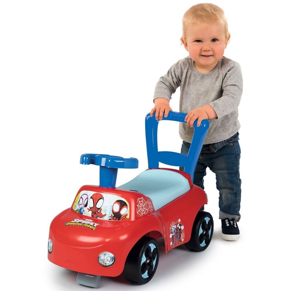 SMOBY Masinuta pentru copii fara pedale Spidey rosu recomandata pentru copii cu varstele cuprinse intre 10 si 36 luni roti din plastic spumat scaun cu spatiu de depozitare