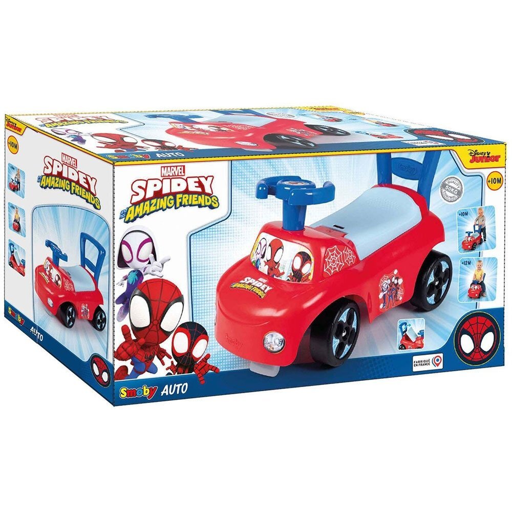 SMOBY Masinuta pentru copii fara pedale Spidey rosu recomandata pentru copii cu varstele cuprinse intre 10 si 36 luni roti din plastic spumat scaun cu spatiu de depozitare