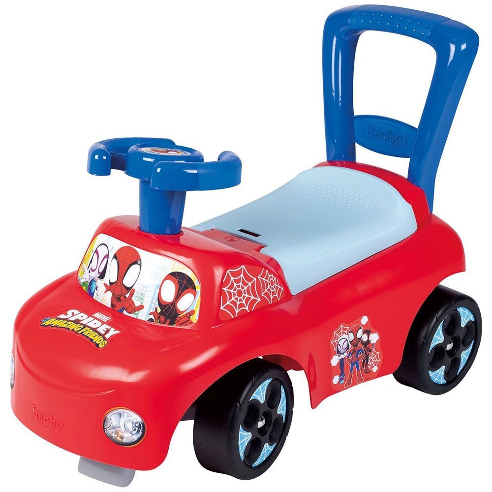 SMOBY Masinuta pentru copii fara pedale Spidey rosu recomandata pentru copii cu varstele cuprinse intre 10 si 36 luni roti din plastic spumat scaun cu spatiu de depozitare