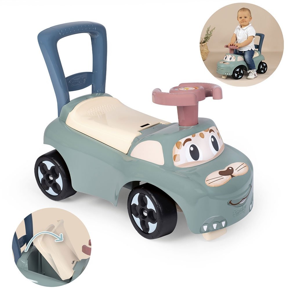 SMOBY Masinuta pentru copii fara pedale Verde spatar cu functie de impingere recomandata pentru copii cu varsta intre 10 si 36 luni roti din plastic spumat spatiu de depozitare jucarii