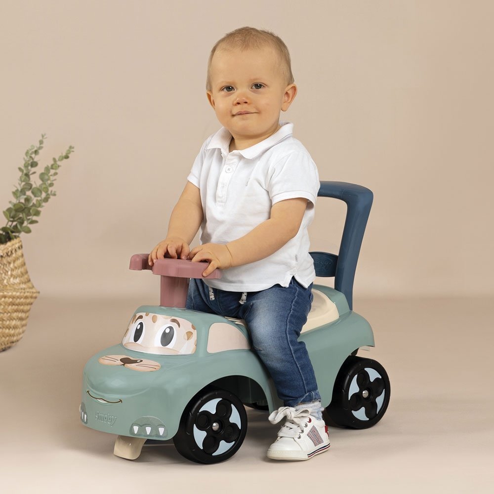 SMOBY Masinuta pentru copii fara pedale Verde spatar cu functie de impingere recomandata pentru copii cu varsta intre 10 si 36 luni roti din plastic spumat spatiu de depozitare jucarii