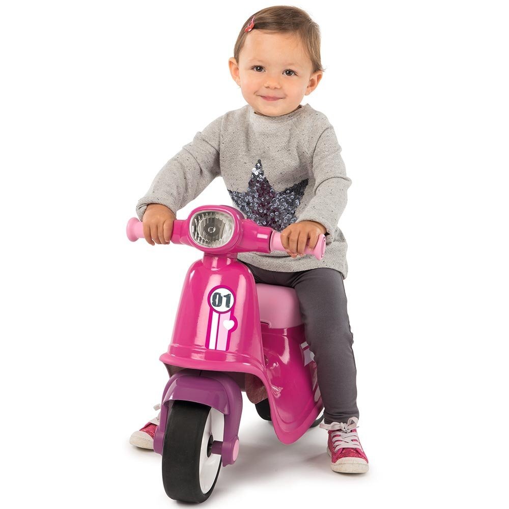 SMOBY Motocicleta copii fara pedale Scooter Ride-On pink roti late din material moale compartiment de depozitare jucarii dotat cu cheie varsta recomandata 15 ani