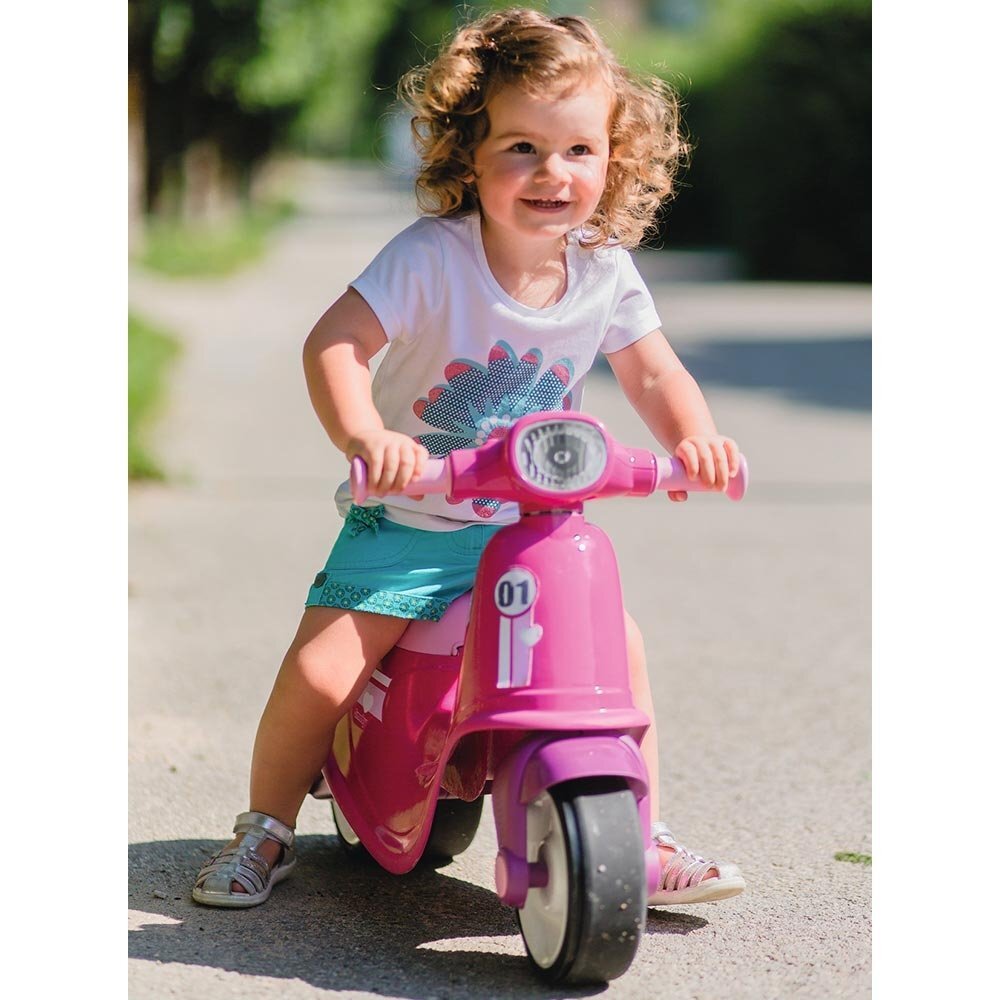SMOBY Motocicleta copii fara pedale Scooter Ride-On pink roti late din material moale compartiment de depozitare jucarii dotat cu cheie varsta recomandata 15 ani