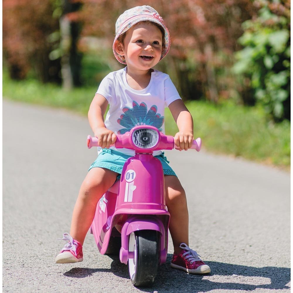 SMOBY Motocicleta copii fara pedale Scooter Ride-On pink roti late din material moale compartiment de depozitare jucarii dotat cu cheie varsta recomandata 15 ani