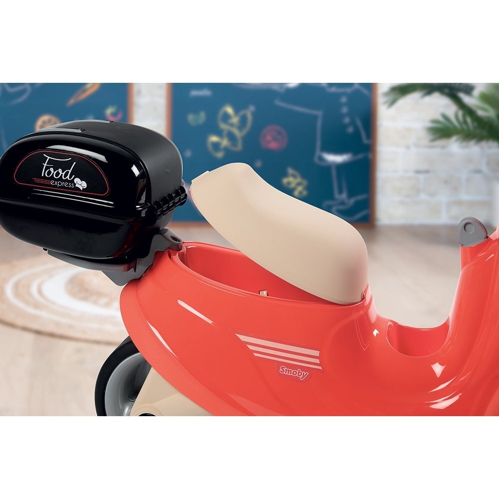 SMOBY Scuter pentru copii fara pedale Scooter Ride-On Food Express rosu dotat cu cheie ce imita pornirea reala a scuterului recomandat copiilor incepand de la 15 ani spatiu de depozitare sub sezut