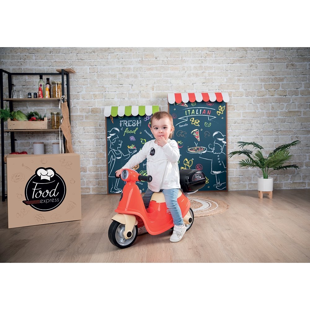 SMOBY Scuter pentru copii fara pedale Scooter Ride-On Food Express rosu dotat cu cheie ce imita pornirea reala a scuterului recomandat copiilor incepand de la 15 ani spatiu de depozitare sub sezut