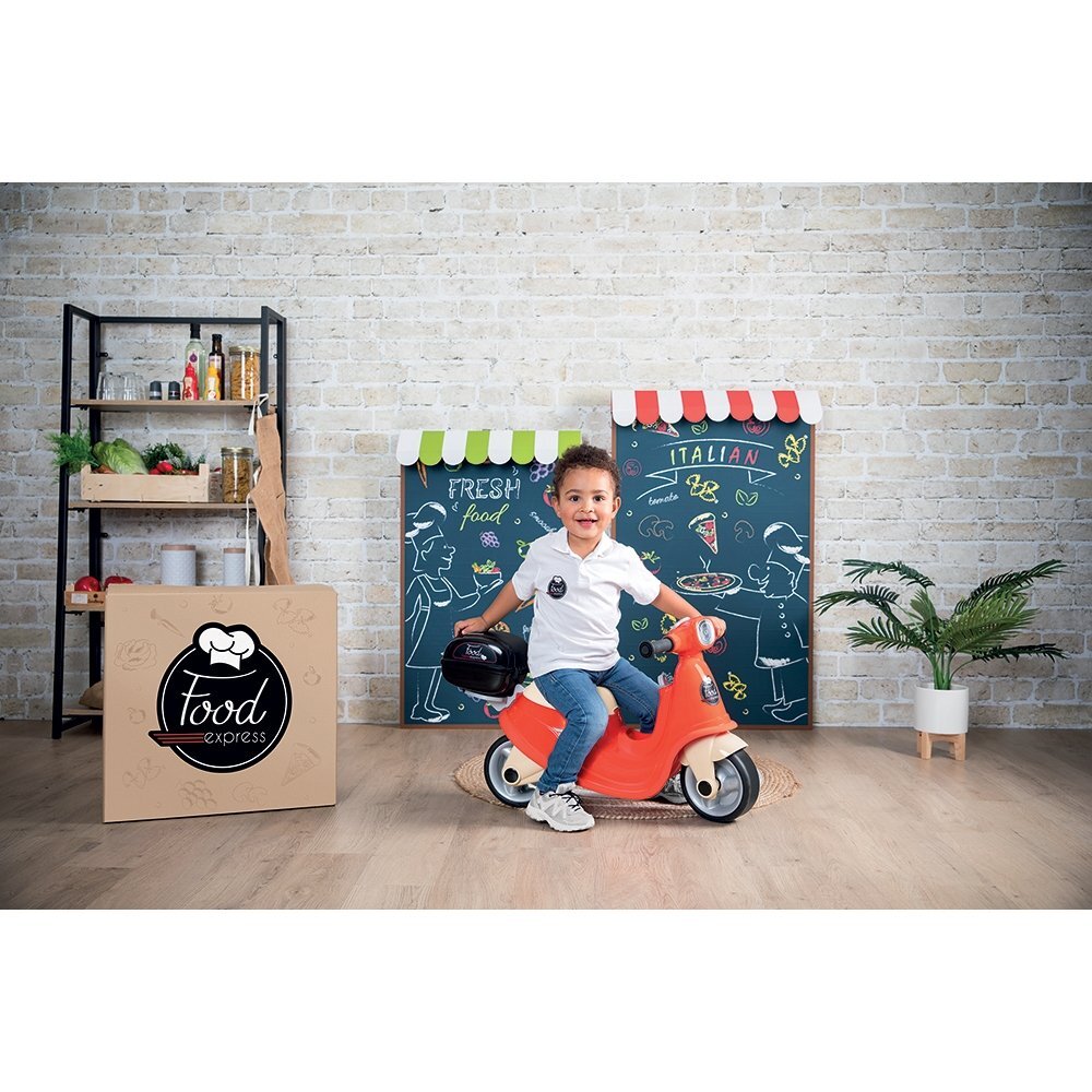 SMOBY Scuter pentru copii fara pedale Scooter Ride-On Food Express rosu dotat cu cheie ce imita pornirea reala a scuterului recomandat copiilor incepand de la 15 ani spatiu de depozitare sub sezut