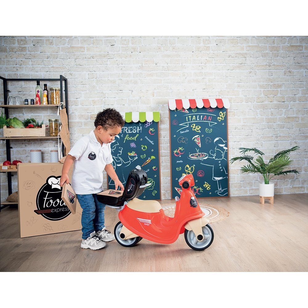 SMOBY Scuter pentru copii fara pedale Scooter Ride-On Food Express rosu dotat cu cheie ce imita pornirea reala a scuterului recomandat copiilor incepand de la 15 ani spatiu de depozitare sub sezut