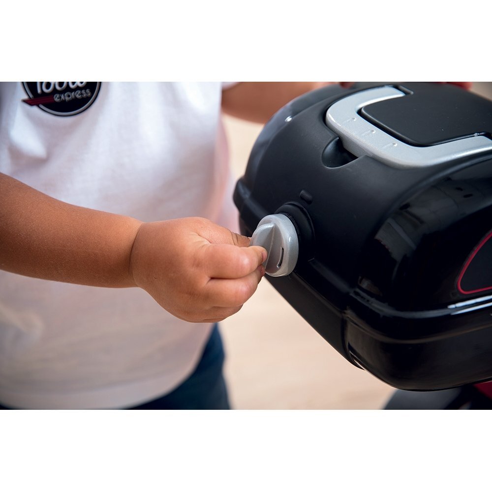 SMOBY Scuter pentru copii fara pedale Scooter Ride-On Food Express rosu dotat cu cheie ce imita pornirea reala a scuterului recomandat copiilor incepand de la 15 ani spatiu de depozitare sub sezut