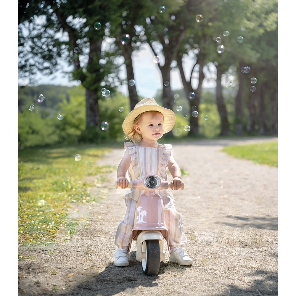SMOBY Scuter pentru copii fara pedale Scooter Ride-On roz dotat cu cheie ce imita pornirea reala a scuterului recomandat copiilor incepand de la 15 ani spatiu de depozitare sub sezut