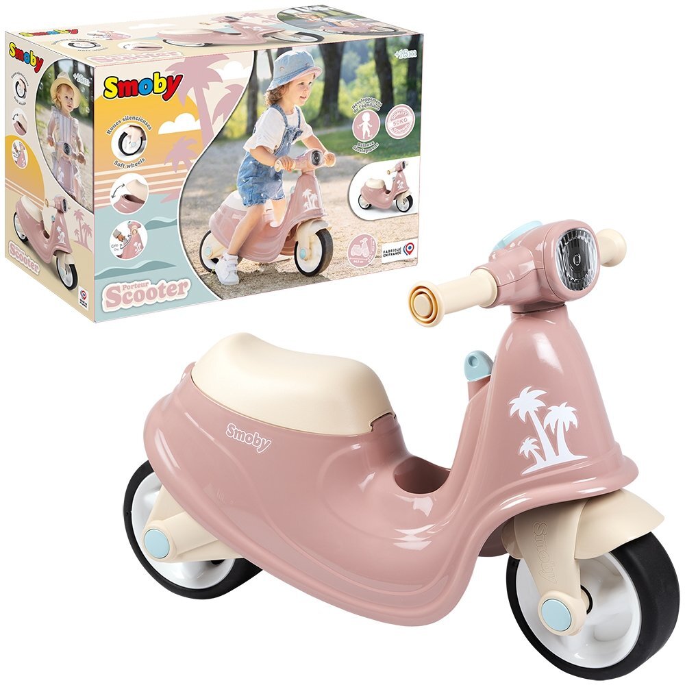 SMOBY Scuter pentru copii fara pedale Scooter Ride-On roz dotat cu cheie ce imita pornirea reala a scuterului recomandat copiilor incepand de la 15 ani spatiu de depozitare sub sezut