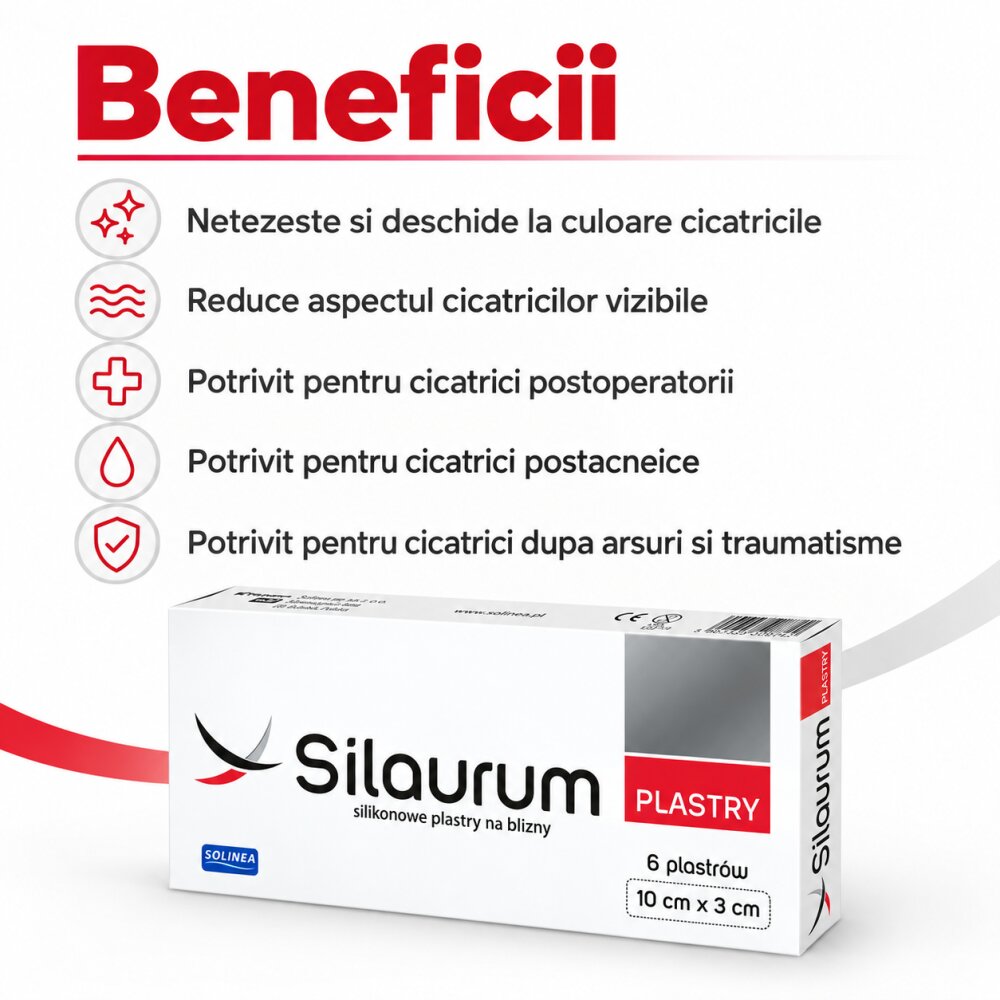 Solinea Plasturi Silaurum dispozitiv medical din silicon pentru cicatrici postoperatorii postacneice posttraumatice si dupa arsuri