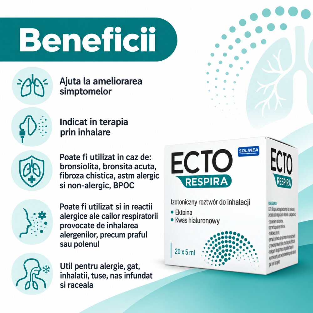 Solinea Solutie sterila pentru inhalare Ecto Respira cu ectoina si acid hialuronic NaCl 09 dispozitiv medical 20 fiole x 5 ml