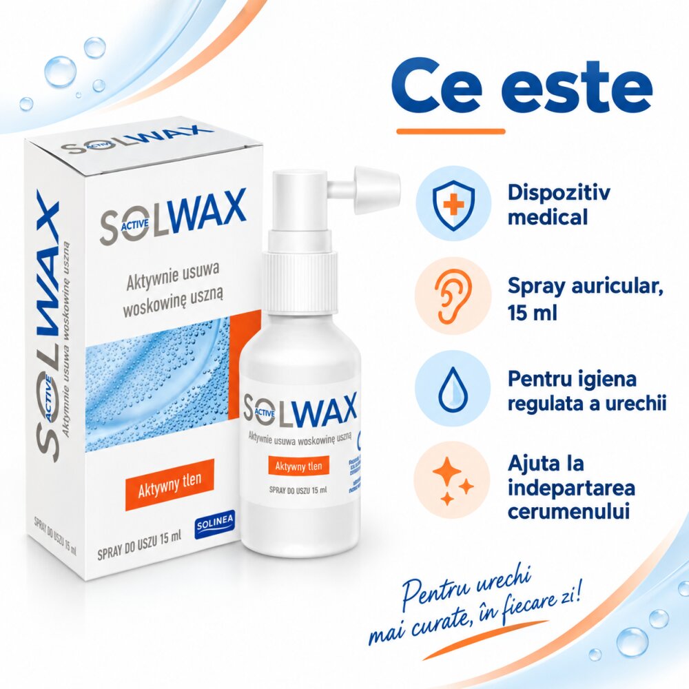 Solinea Spray auricular Solwax Active pentru indepartarea cerumenului si igiena urechii 15 ml