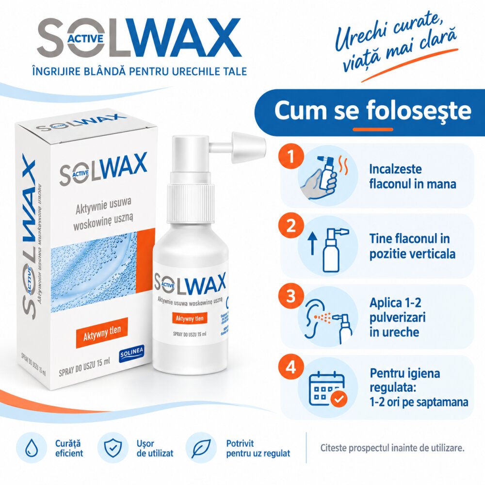 Solinea Spray auricular Solwax Active pentru indepartarea cerumenului si igiena urechii 15 ml