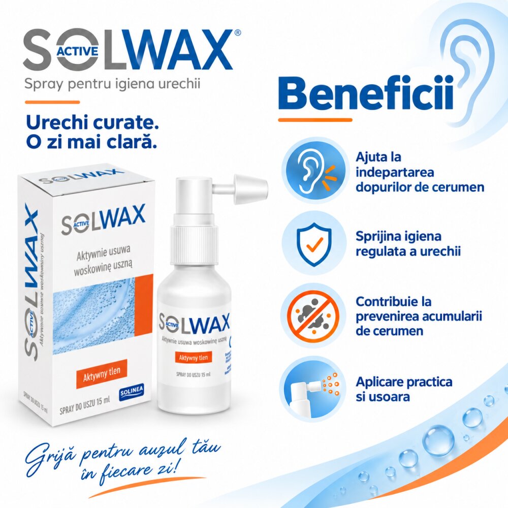 Solinea Spray auricular Solwax Active pentru indepartarea cerumenului si igiena urechii 15 ml