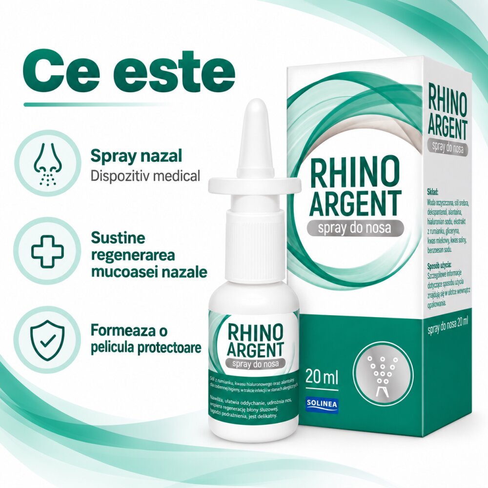 Solinea Spray nazal Rhinoargent dispozitiv medical cu argint coloidal cupru coloidal si ulei de eucalipt protectia si regenerarea mucoasei nazale