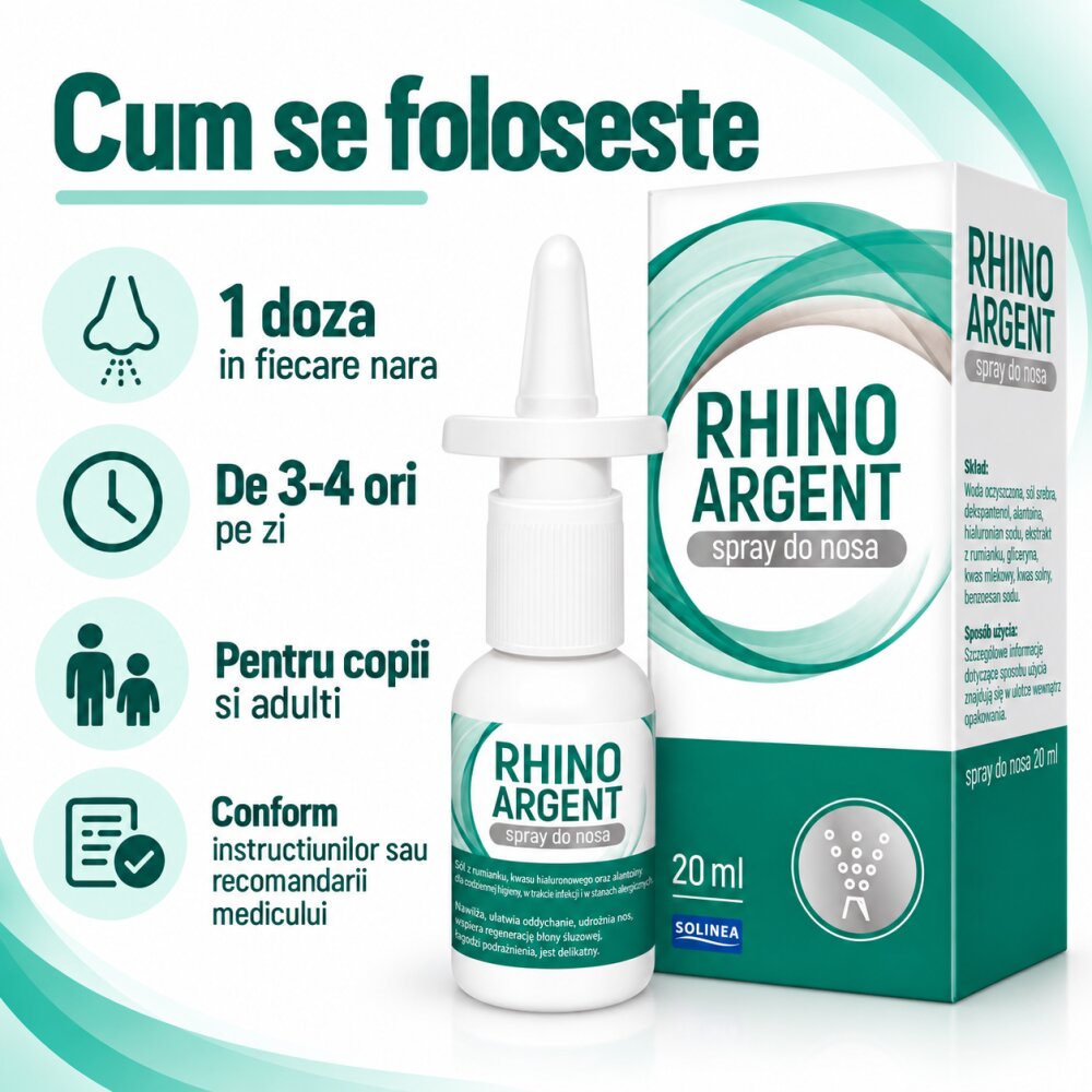 Solinea Spray nazal Rhinoargent dispozitiv medical cu argint coloidal cupru coloidal si ulei de eucalipt protectia si regenerarea mucoasei nazale