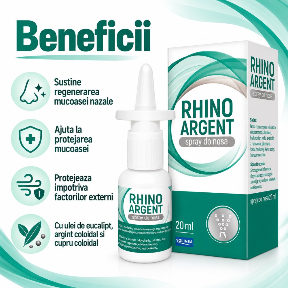 Solinea Spray nazal Rhinoargent dispozitiv medical cu argint coloidal cupru coloidal si ulei de eucalipt protectia si regenerarea mucoasei nazale