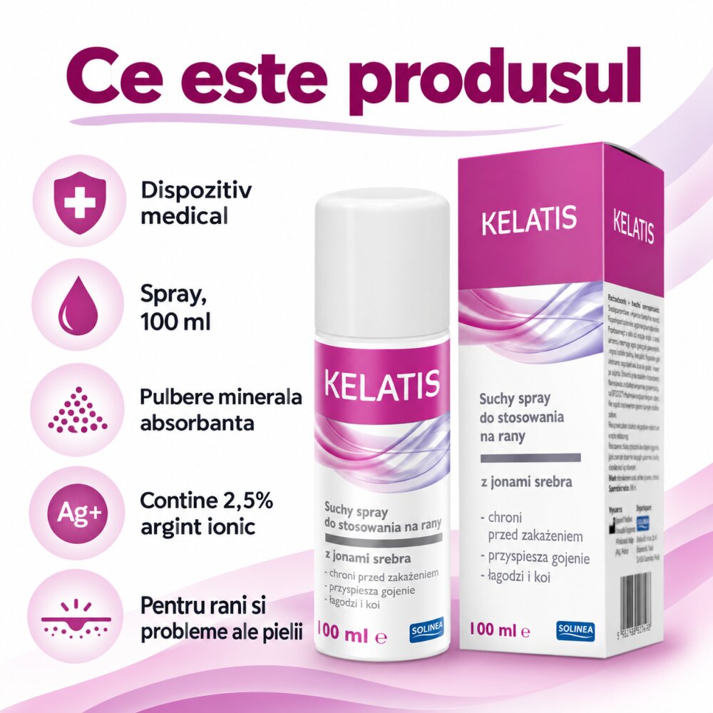 Solinea Spray pentru rani Kelatis pulbere minerala absorbanta cu 25 argint ionic dispozitiv medical 100 ml