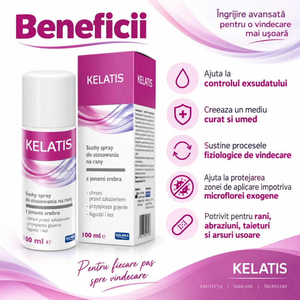 Solinea Spray pentru rani Kelatis pulbere minerala absorbanta cu 25 argint ionic dispozitiv medical 100 ml