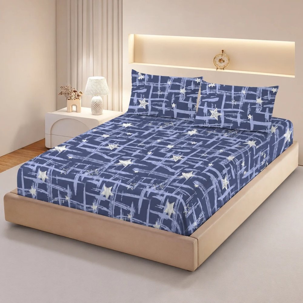 Somnart Cearceaf de pat din finet cu 2 fete de perna pentru saltea de 160 x 200 cm Navy Grid