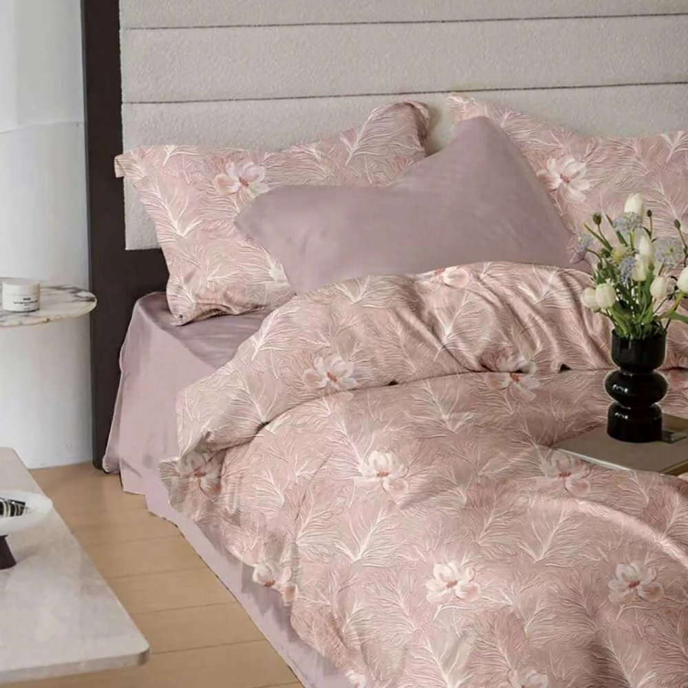 Somnart Lenjerie de pat din finet 6 piese cearceaf de pat cu elastic Extra pink Leaves