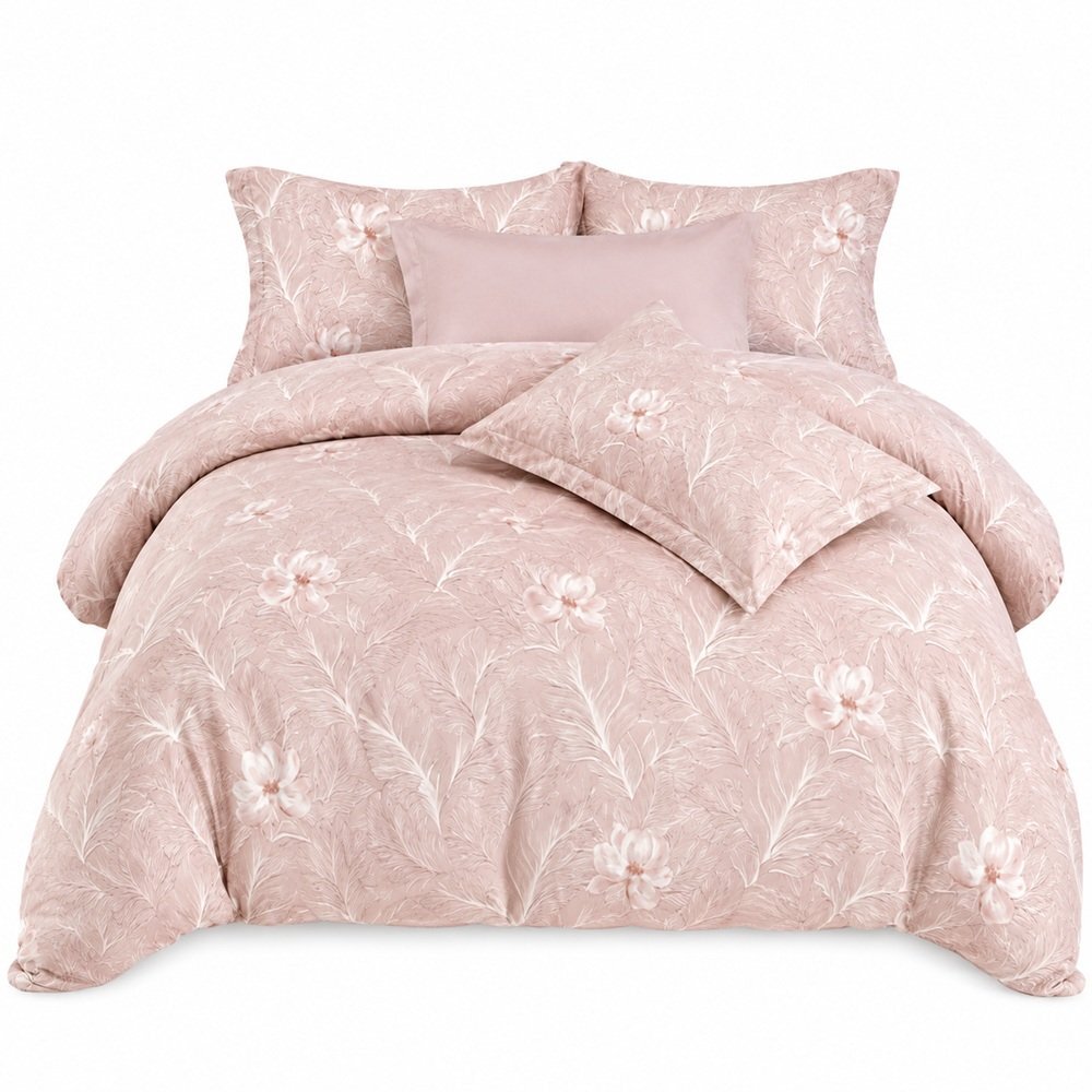 Somnart Lenjerie de pat din finet 6 piese cearceaf de pat cu elastic Extra pink Leaves