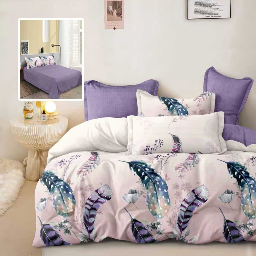 Somnart Lenjerie de pat din finet cu 6 piese cearceaf pat clasic cearceaf pilota 200 x 230 cm 2 fete perna 50 x 70 cm si 2 fete perna 70 x 70 cm model mov cu pene