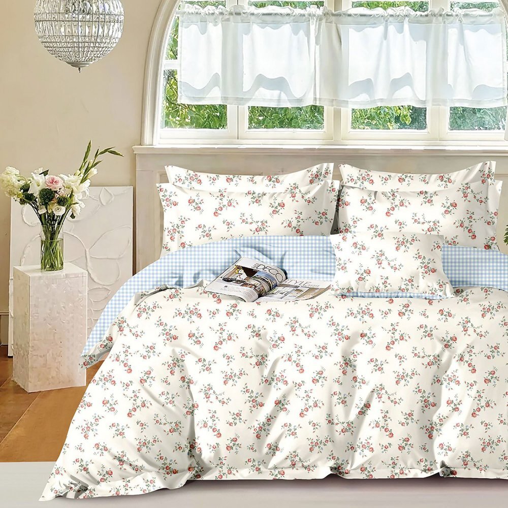 Somnart Lenjerie de pat Percale cu 4 piese cearceaf pat clasic 240 x 260 cm cearceaf pilota 200 x 230 cm si 2 fete perna 50 x 70 cm model floricele