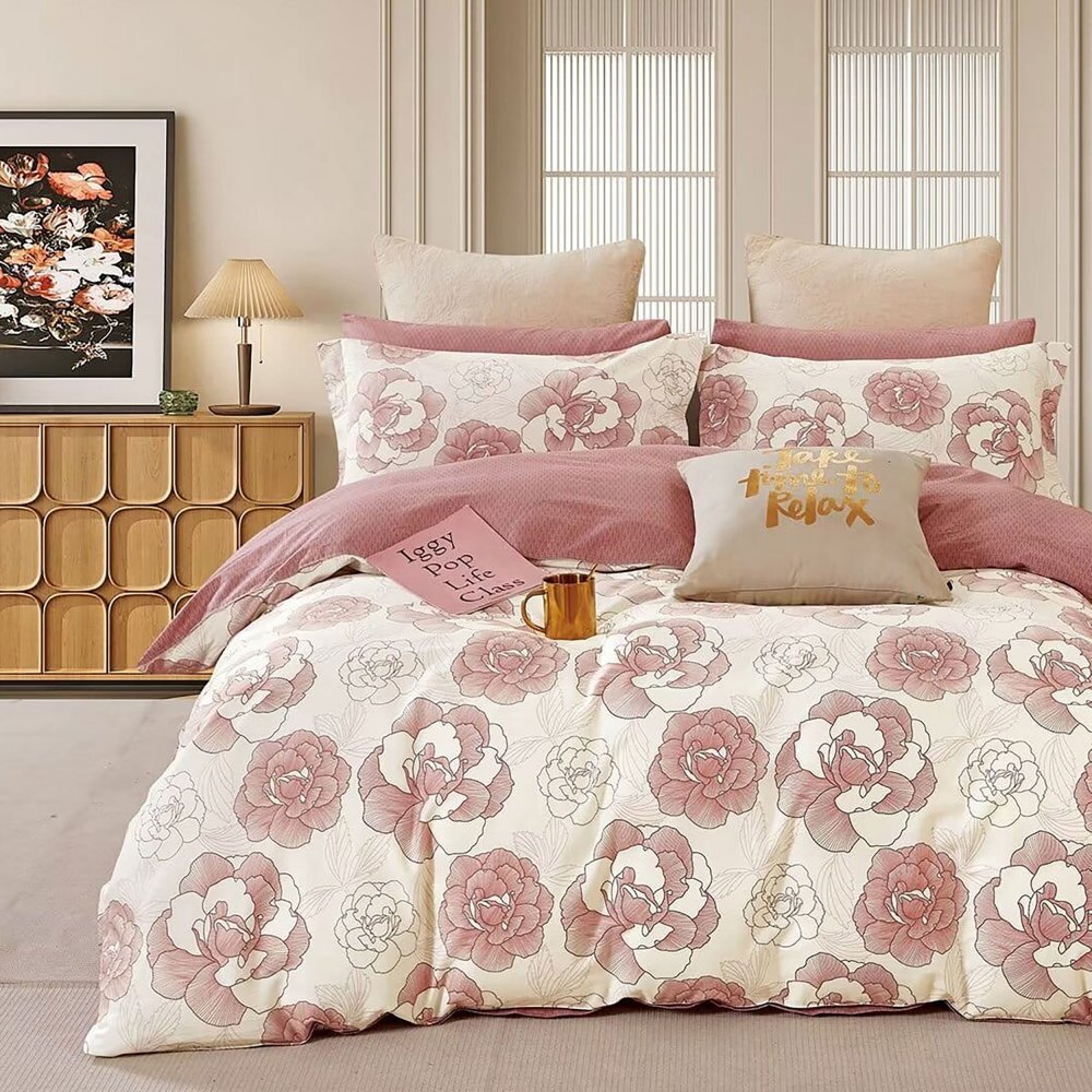 Somnart Lenjerie de pat Percale cu 4 piese cearceaf pat clasic 240 x 260 cm cearceaf pilota 200 x 230 cm si 2 fete perna 50 x 70 cm roz si alb