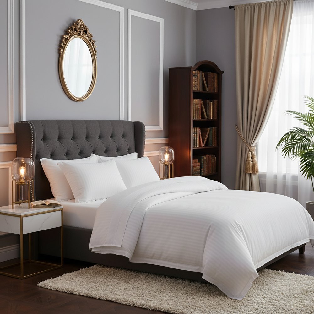 Somnart Lenjerie pentru pat dublu cu 4 piese cearceaf pat clasic 240 x 260 cm cearceaf pilota 200 x 230 cm 2 fete de perne 50 x 70 cm din bumbac damasc alb
