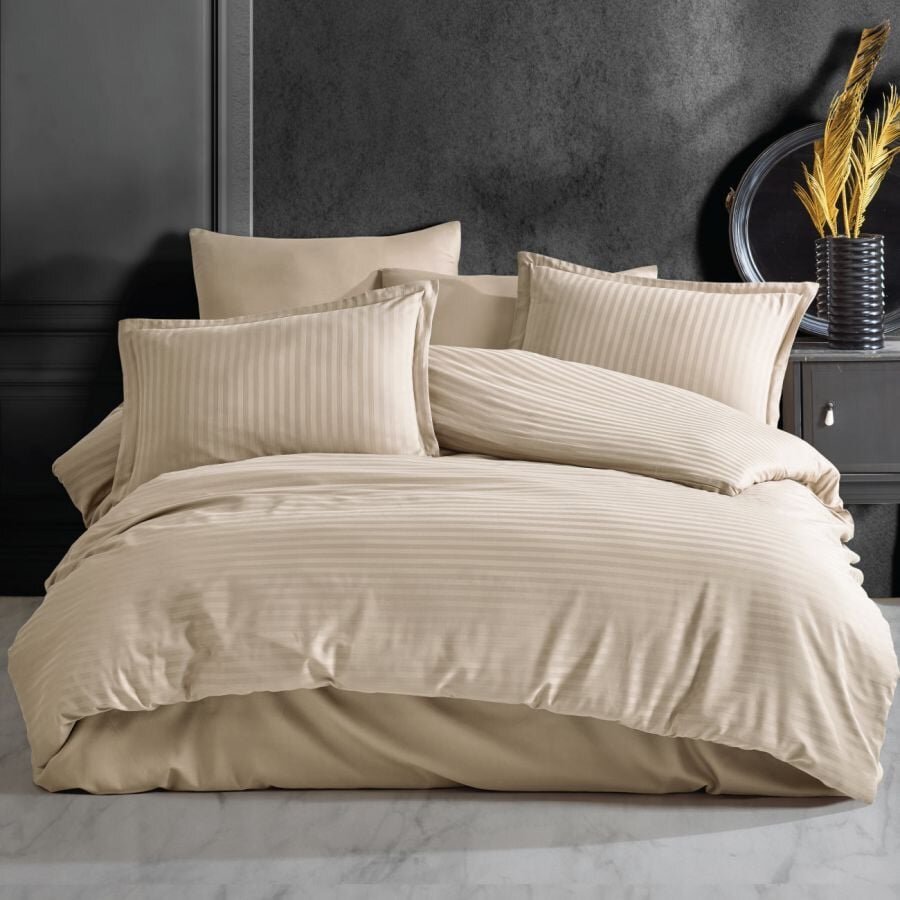 Somnart Lenjerie pentru pat dublu cu 4 piese cearceaf pat clasic 240 x 260 cm cearceaf pilota 200 x 230 cm 2 fete de perne 50 x 70 cm din bumbac damasc cappucino