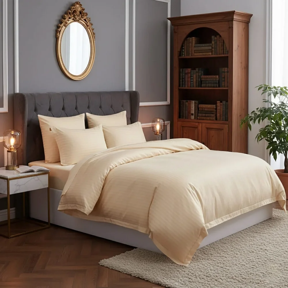 Somnart Lenjerie pentru pat dublu cu 4 piese cearceaf pat clasic 240 x 260 cm cearceaf pilota 200 x 230 cm 2 fete de perne 50 x 70 cm din bumbac damasc cappucino