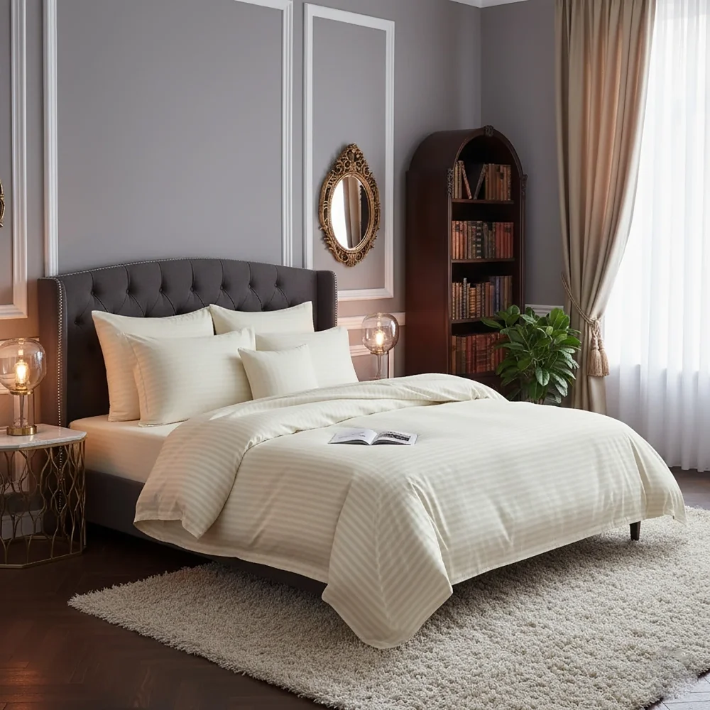 Somnart Lenjerie pentru pat dublu cu 4 piese cearceaf pat clasic 240 x 260 cm cearceaf pilota 200 x 230 cm 2 fete de perne 50 x 70 cm din bumbac damasc crem