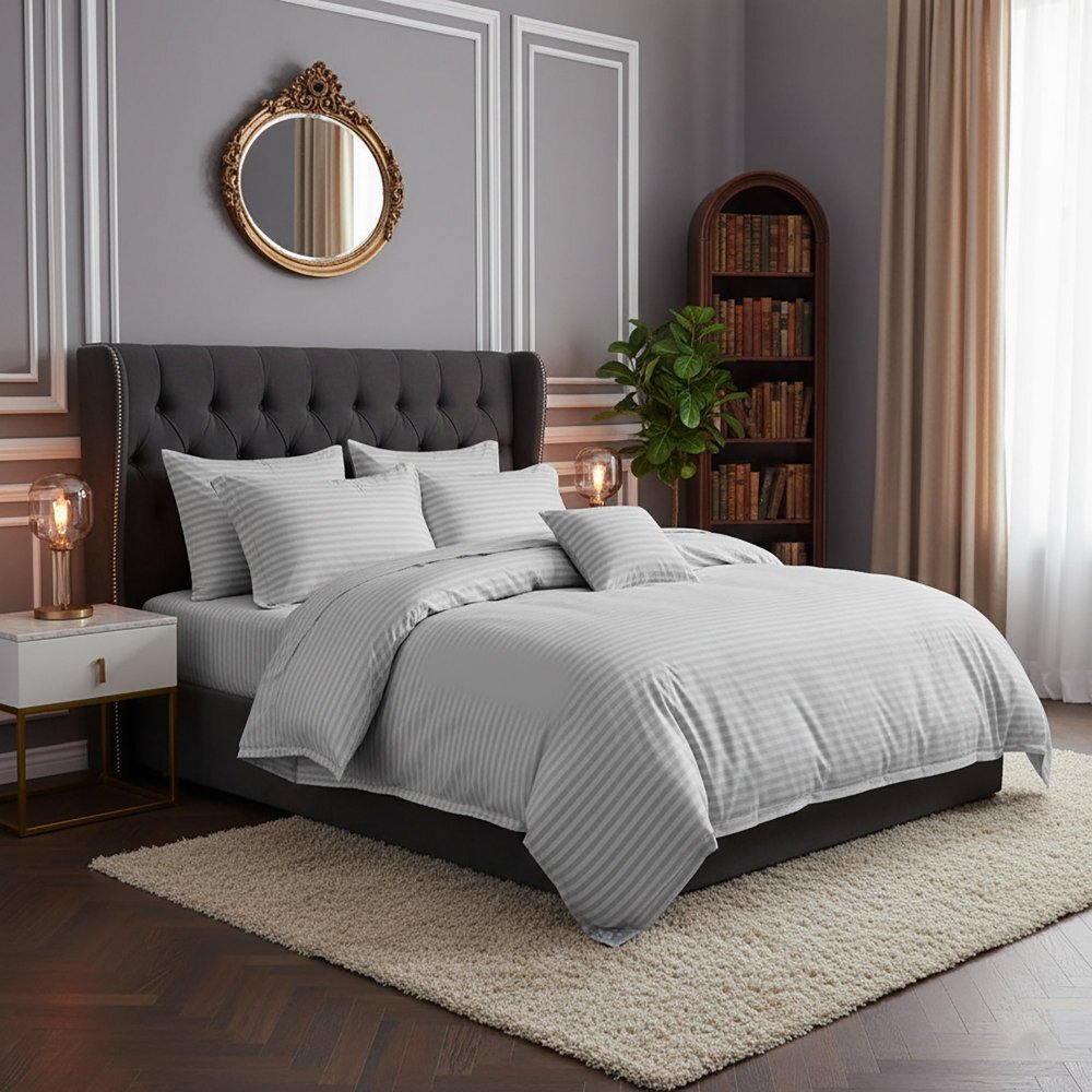 Somnart Lenjerie pentru pat dublu cu 4 piese cearceaf pat clasic 240 x 260 cm cearceaf pilota 200 x 230 cm 2 fete de perne 50 x 70 cm din bumbac damasc gri