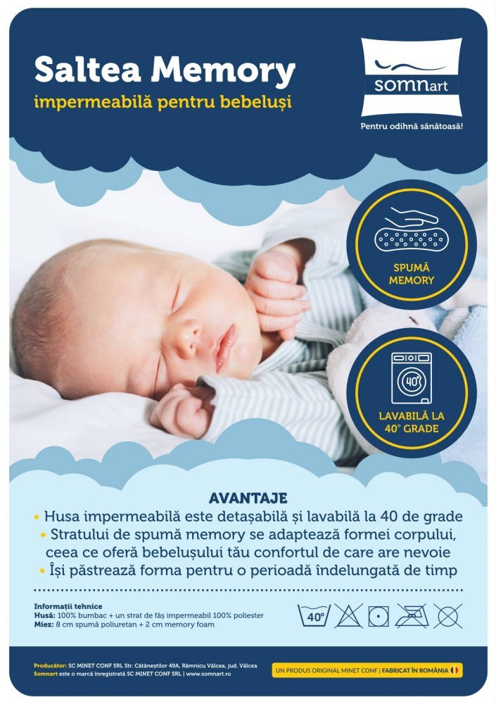 Somnart Saltea cu memorie Memory 60x120x10 cm husa impermeabila model fluturi