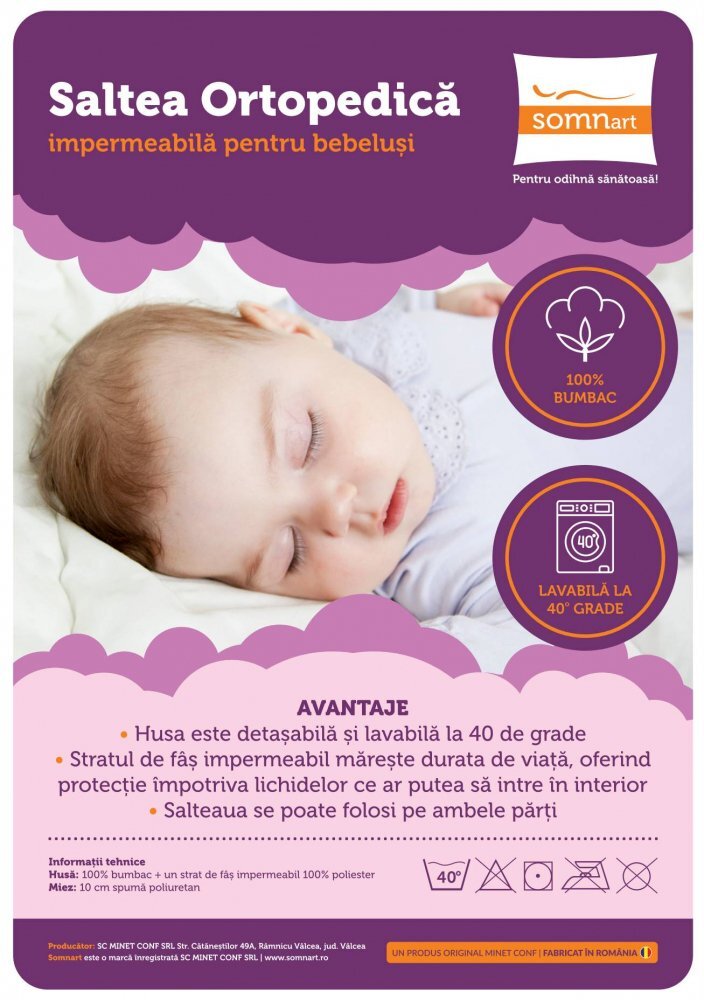 Somnart Saltea cu spuma poliuretanica Ortopedica 70x140x10 cm husa impermeabila model cosmos