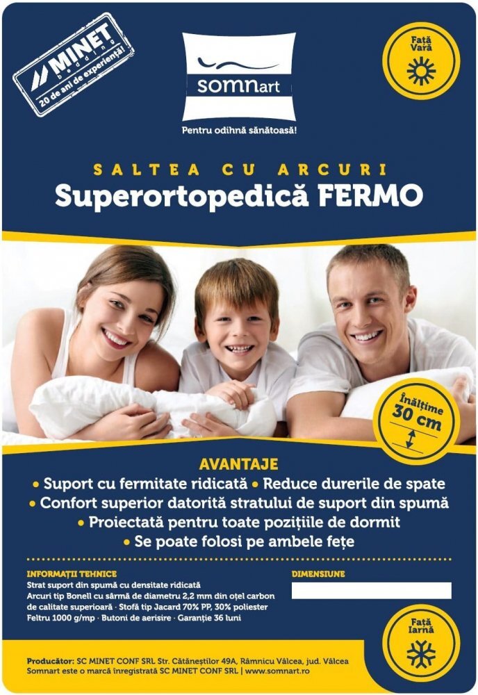Somnart Saltea superortopedica Fermo 140 x 200 x 30 cm cu arcuri si husa matlasata